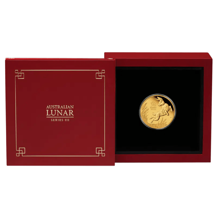 Picture of 2023 1/10th oz Lunar Series III Year Of The Rabbit Proof Gold Coin in presentation box
