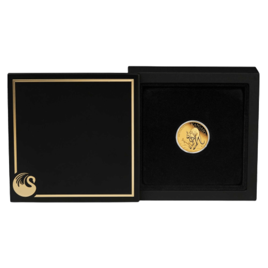 Picture of 2022 1/10th oz Australian Kangaroo Proof Gold Coin in presentation box