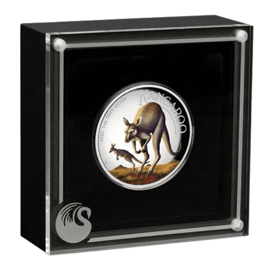Picture of 2022 1oz Australian Kangaroo Silver High Relief Coloured Coin in presentation box