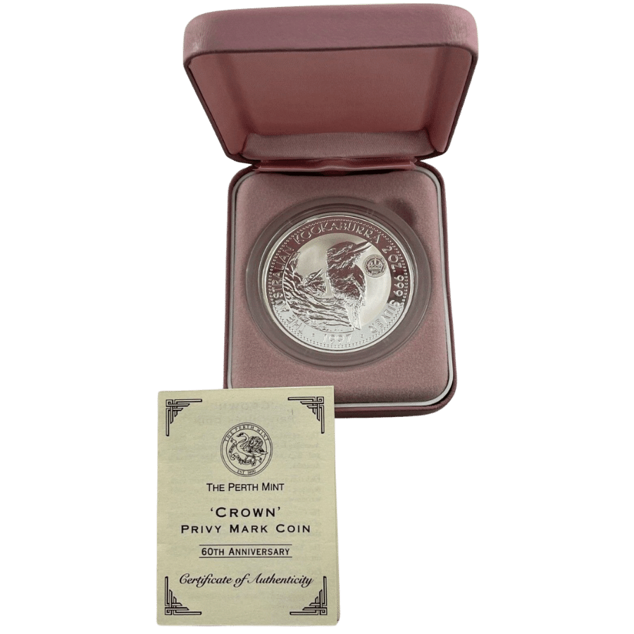 Picture of 1997 2oz Kookaburra Silver Proof Coin with Crown Privy in Presentation Box